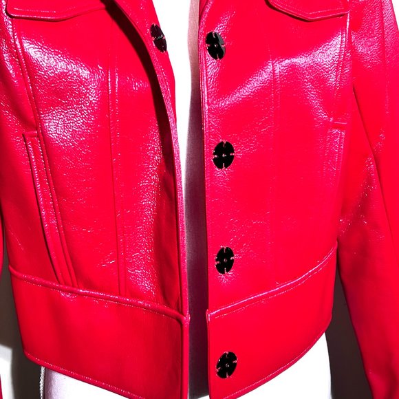 Tahari Red Patent Faux Vegan Leather Trucker Jacket Size Med - Picture 4 of 10